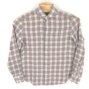 Suitsupply Shirt Mens Large Brown Tartan Plaid Pure Linen 16 Slim Fit